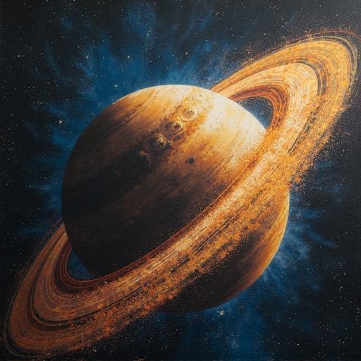 Artwork depicting a large planet surrounded by vibrant rings with cosmic background.