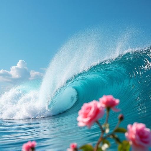 A beautiful blue beach wave and pretty pink roses on the shore.