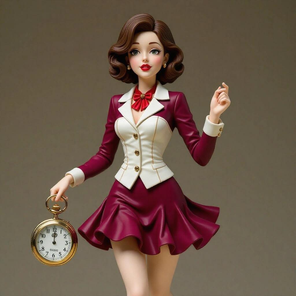 Highly detailed resin sculpture of a stylized young woman. She stands in motion. One leg forward and body slightly leaning. An adorable hurried expression looking at the clock. Holding a large pocket watch in one hand. Carrying a closed umbrella or using it for balance. Wearing a tight suit in white with gold details and a bolero-style jacket in wine red. Dressed in a short ruffled skirt. Ankle boots with a bow. Long bunny ears on her head. Human face with youthful expression, big eyes, pink lips, and a nervous smile. Hair is platinum white in loose waves. Base features a grassy area. Conveying energy, tenderness, elegance, and playfulness.