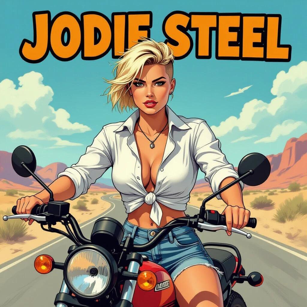 Image of a confident woman on a motorcycle. Strong contour lines and photorealistic colors. Female character styled with short blonde hair. She wears a knotted white shirt and ripped denim shorts. She rides on a crossroads under a clear blue sky.
