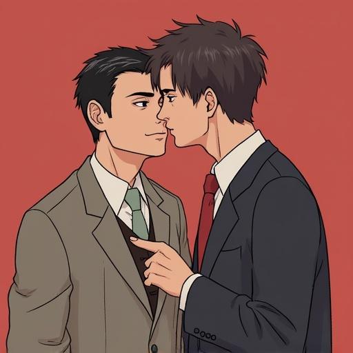 Two male characters in business suits facing each other closely. The setting is an illustrated style with a warm red background.