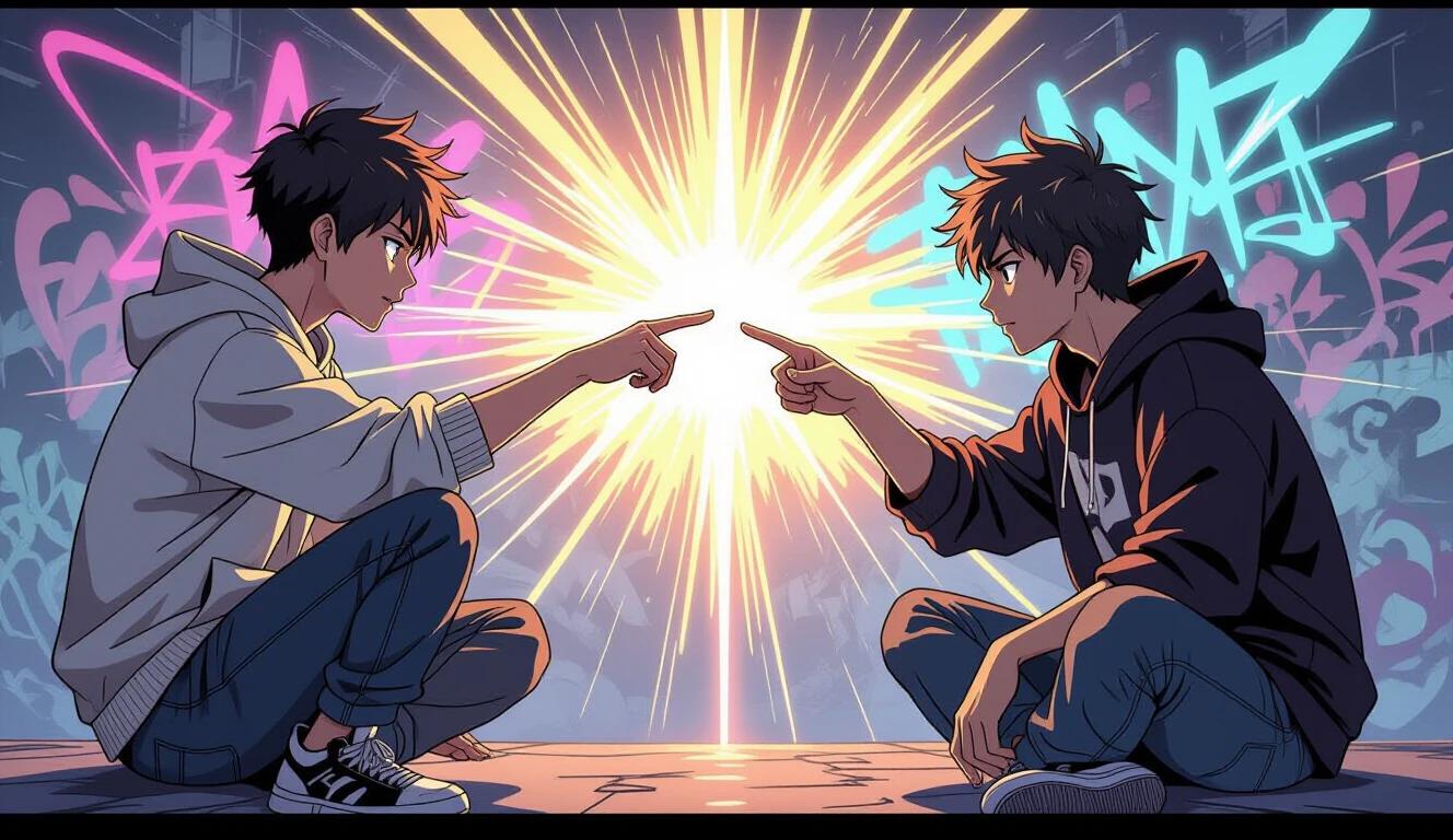 urban anime style reinterpretation of Michelangelo's Creation of Adam focusing on denial themes with two male characters reaching toward each other yet pulling away showing tension