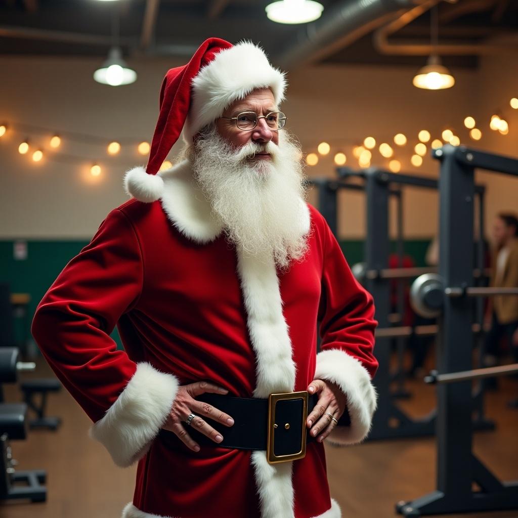 Photo realistic Santa in a gym at the North Pole saying merry Christmas and happy New Year