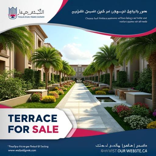 Logo at the top left. Beautifully landscaped residential complex in the center. Pathway, greenery, colorful flowers, water feature creating an inviting atmosphere. Arabic text translates to fully finished apartments. English text prominently displays 'TERRACE FOR SALE.' Website URL at the bottom. Deep blue and white color scheme with elegant design elements.