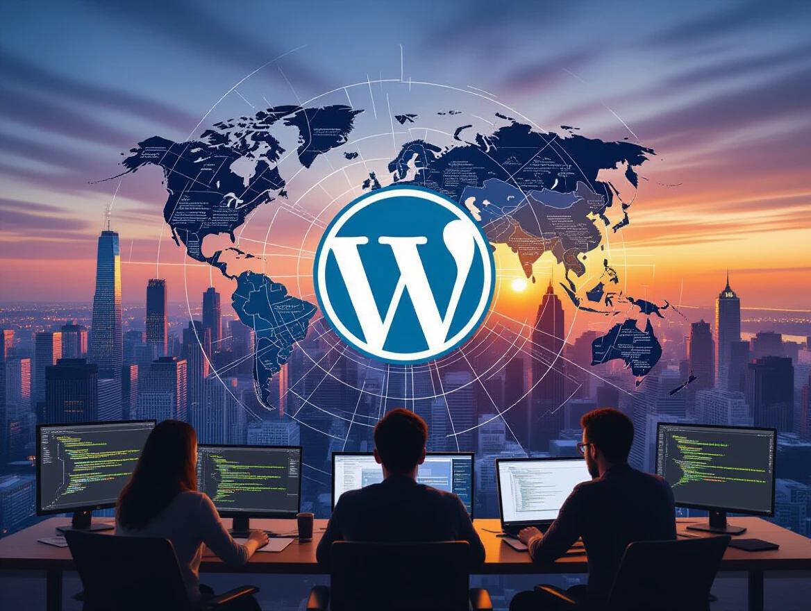 Collage represents global developers coding illustrating various time zones. Screens transform into large WordPress logo. Warm sunrise colors evoke inspiration and unity.