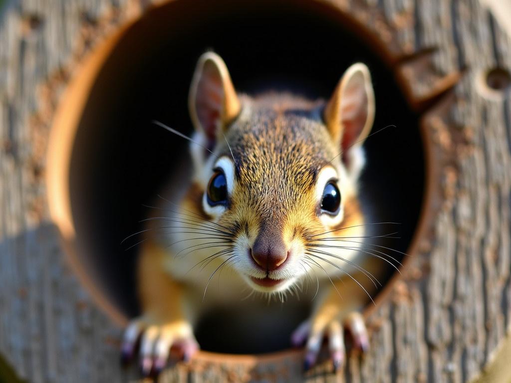 A small squirrel peeking out from a round hole in a wooden post. Its bright eyes are curious and alert, showcasing a shiny, wet nose and soft fur. The wooden texture surrounding the hole is rough and weathered, adding character to the scene. Sunlight softly illuminates the squirrel's face, highlighting its features and the intricate details of its fur. The background is blurred, emphasizing the squirrel's adorable expression and making it the focal point of the image.