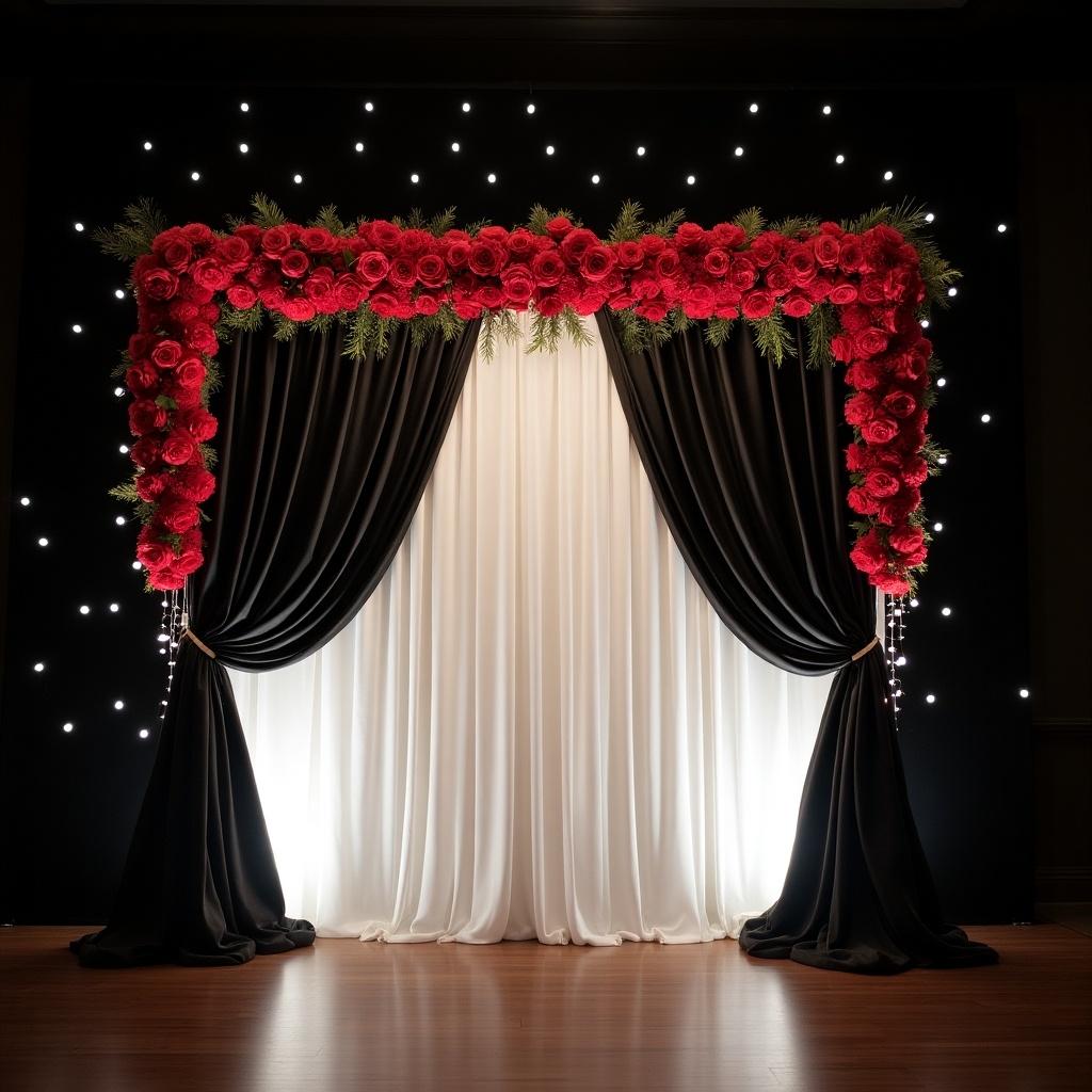 This image features an elegant backdrop designed for special events. It showcases rich black and white drapes, creating a sophisticated contrast. The top is adorned with vibrant red roses, adding a pop of color and romance. Soft white lights twinkle in the background, enhancing the enchanting atmosphere. This setup is perfect for weddings, photo shoots, or any elegant gathering.