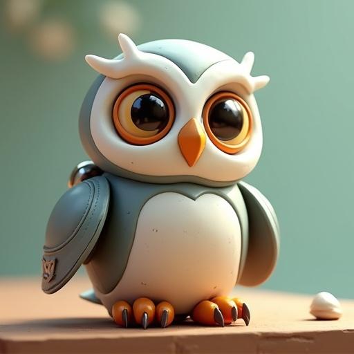 A cute wise-looking robotic owl designed for a children's animated series. Features large expressive eyes glowing softly and smooth metallic feathers with a matte finish. Tiny wings function like jet boosters. Backpack-like compartment on back for gadgets. The owl perches calmly, ready to help a child. Colorful 3D cartoon style with clay-like texture.