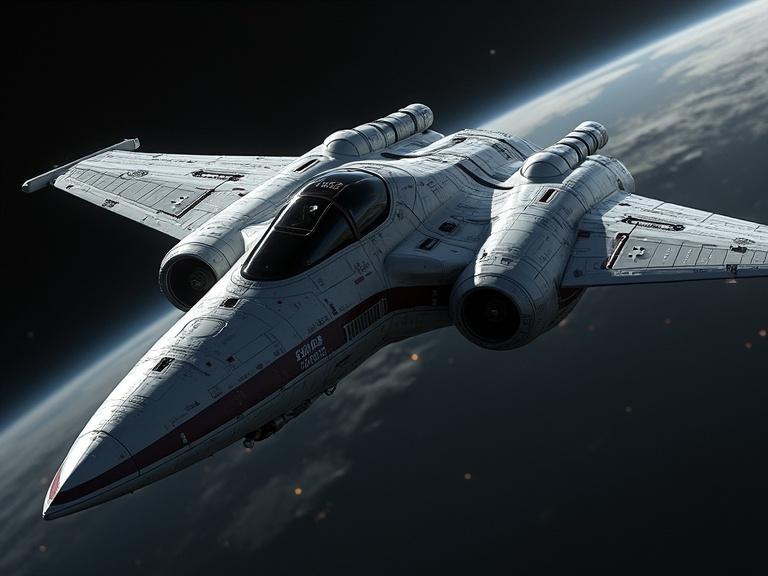 A sleek starfighter in space. High level of realism. Showcase details, shadows, and textures. Image created in 4K quality with HDRI techniques.