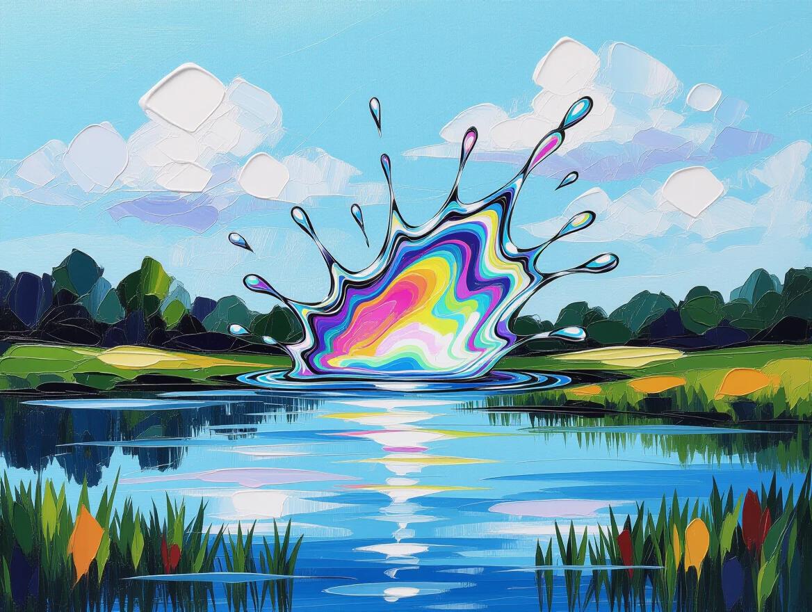 Impasto oil painting depicts a tranquil landscape with bright colors. A sharp splash of holographic chrome interrupts the peaceful scene. The style is hyperdetailed and reflects Y2K aesthetics.