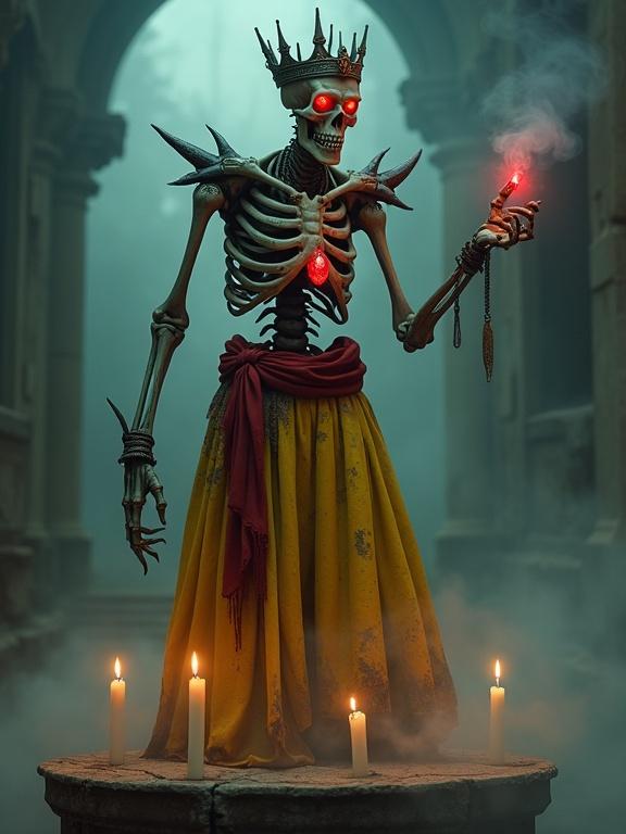 Hyper detailed skeletal lich positioned above a stone pedestal. The lich wears a crown and spiked shoulder plates. Exposed ribs and a tattered yellow skirt drapes around it. A glowing red gem pendant hangs on its neck. The figure floats, pointing finger forward as it casts a spell. Eerie mist surrounds the scene with candles flickering nearby.