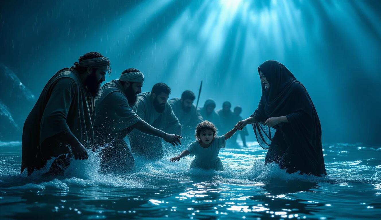Hebrews in panic looking back while crossing. Child being pulled by mother's hand. Expression of despair and urgency. Water columns shaking with wind. Dramatic bluish lighting. Vertical.