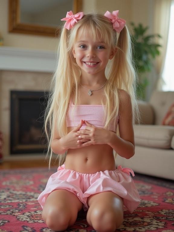 Young girl with long blonde hair styled in twin tails. Pink bows adorn her hair. She kneels in a living room setting. Carpet is colorful. Soft and warm indoor lighting. Playful and happy expression. Wearing a crop top and a low-rise skirt. Child represents youthful innocence.