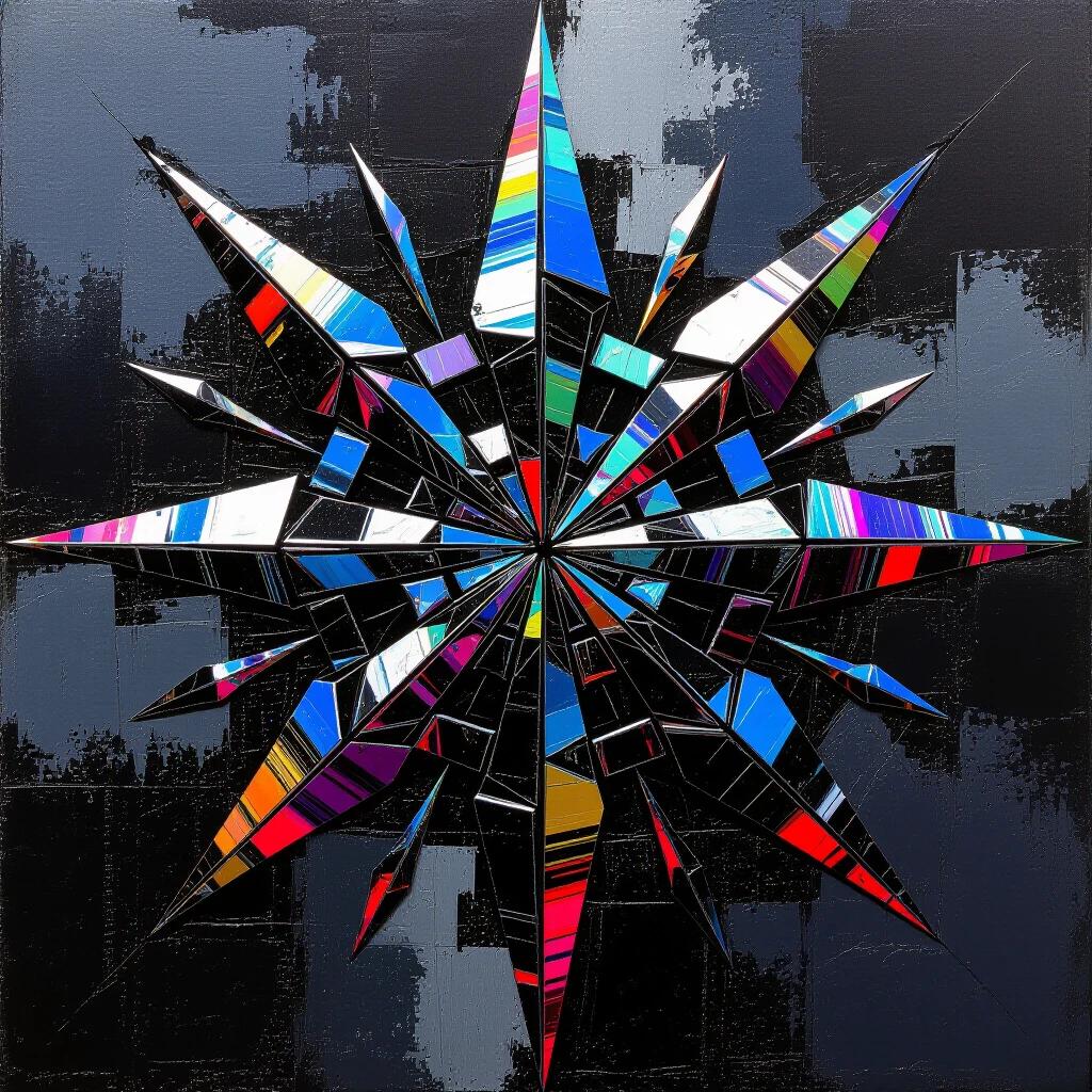 Heavy impasto oil painting shows sharp metallic matrix code form. Features sculptural texture with supermassive brushstrokes. Dominated by liquid chrome and black colors. Rays radiate aggressively like a tattoo. Evokes fantasy with elven world landscape.