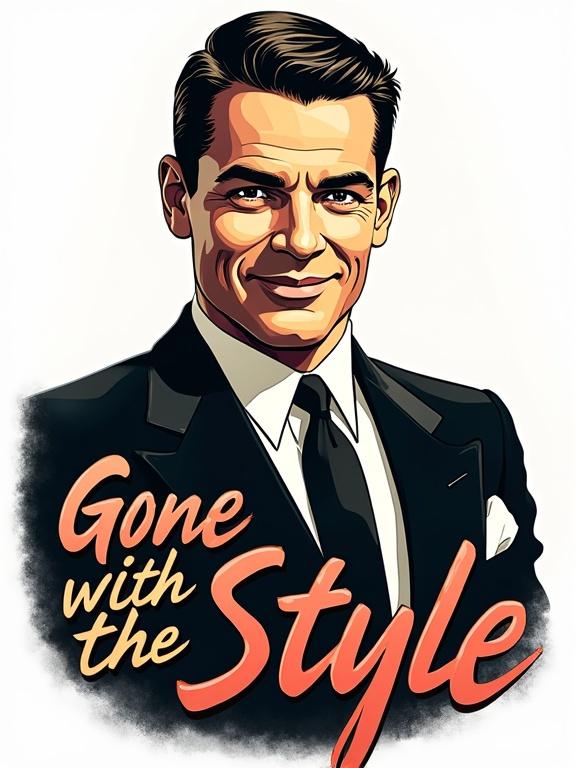 Pop-art portrait of a man in a classic 1930s suit with slicked-back hair and a confident smile. Text reads 'Gone with the Style' in classic serif and bold vintage fonts. Background is transparent. Suitable for black and white shirts. Overall vintage vibe is classic and suave.
