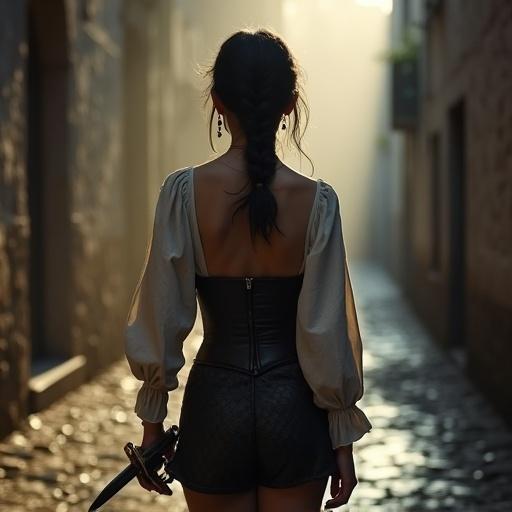 Quiet medieval back alley with fog. Young female outlaw with sharp eyes gently sheathing a sword. Back-centered composition. Jet-black hair flowing with light. Leather corset accentuates form. Loose shirt slipping off shoulder, revealing skin. Cloak hem swaying in breeze. Earrings sparkling in sunlight. Contrast of wet stones and light. Elegance and strength radiating from her back.