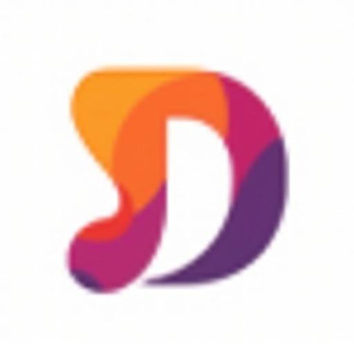 Stylized capital letter D logo made of overlapping shapes. Colors include orange, red, purple, and magenta. Smooth gradient effect with an abstract and dynamic design. 3D appearance against a plain white background.