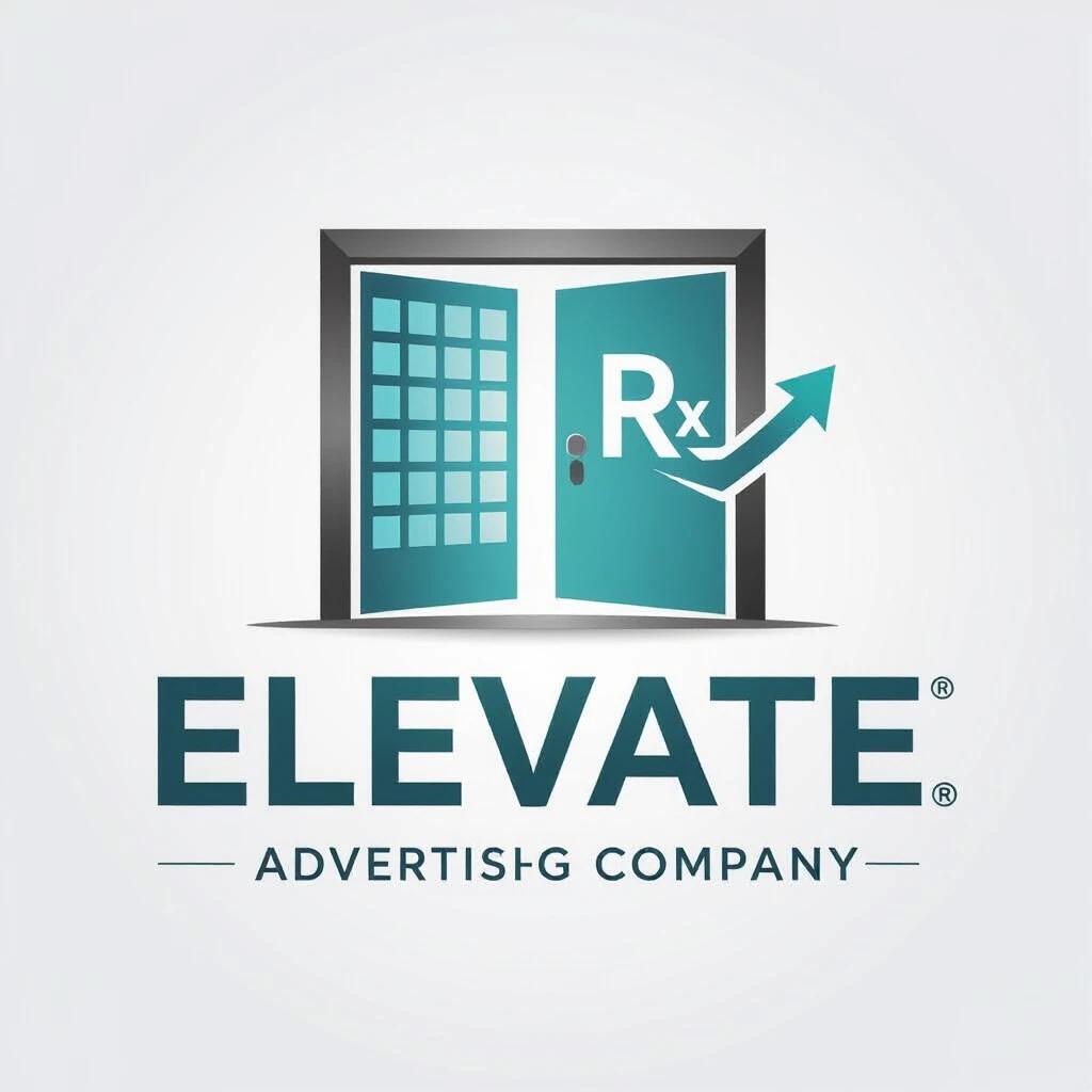 Sleek logo design for medical advertising company called ElevateRXMedia. Features two elevator doors at 45-degree angle slightly open showing a grid of tiny squares. An upward arrow formed by negative space. Rx symbol as door handle in teal. Typography using bold uppercase ELEVATE with contrasting RX in pill shape and MEDIA underneath. Color palette includes navy, bright teal, and light gray. Clean vector art style with no gradients or shadows.