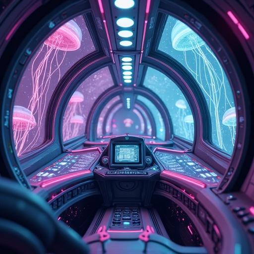 Cockpit of a rocket ship with jellyfish-like controls in a digital art style. Organic sci-fi aesthetics with glowing bio-panels. Violet and cyan color scheme with soft ambient lighting. High resolution.