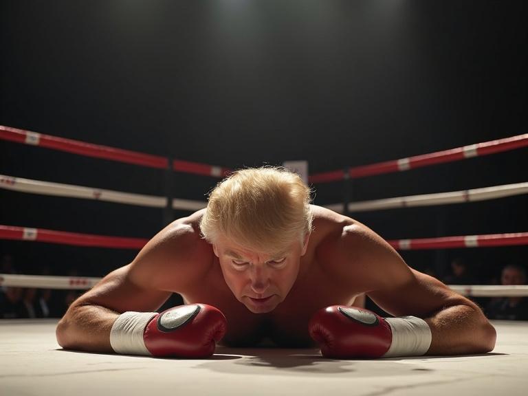 Person laying unconscious on boxing canvas in a dramatic setting. Ring with red and white ropes. Spotlight emphasizing the figure. No shirt. Boxing gloves. Focus on facial expression indicating defeat.