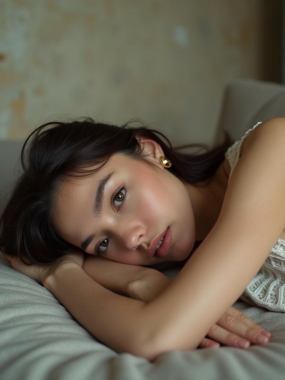 Woman lies face down on a sofa. Low resolution image with pixelation and compression artifacts. Bright colors typical of early filters. Face is beautiful with a soft expression. Leaning forward in a natural pose.