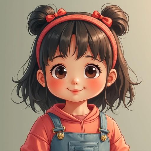 Cute chubby girl with big sparkling eyes. She has short black hair styled in pigtails. Wearing a red headband and an orange hoodie underneath blue overalls. Friendly and cheerful facial expression. Bright background.