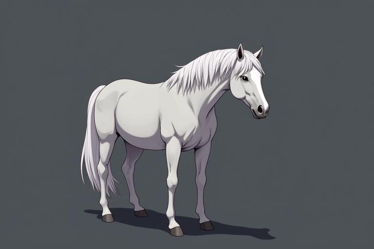 A light gray horse anime. Horse can be born dark and gradually lighten with age. Color ranges from almost black to white. Dark gray background.