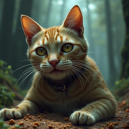 A close-up of a cat in a forest. The cat has orange fur and large expressive eyes. It appears curious and alert, surrounded by greenery and soft, diffused light.