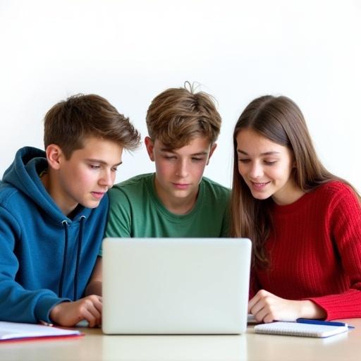 Three teenagers sit at a table with an open laptop. A boy in a blue hoodie collaborates with a boy in a green t-shirt and a girl in a red sweater. They are focused on their task. The background is plain white, with notebooks and pens visible on the table.