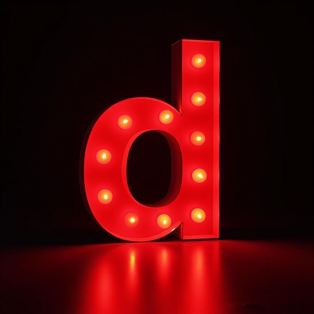 The image features a letter 'd' made of vibrant, leto dots in a dark space. The letter is designed to capture attention with its bright red lights. The reflective surface enhances the visual appeal, highlighting the contours of the letter. This scene creates an inviting atmosphere, suitable for various promotional materials. It is perfect for events or branding that require a modern touch.