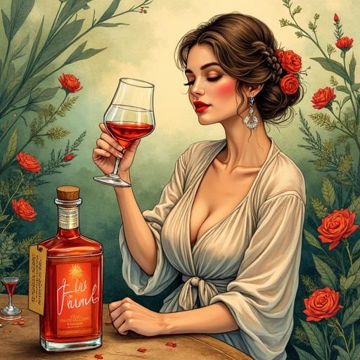 Vibrant ink and watercolor illustration. Featuring a voluptuous woman in her thirties. Hair braided with a flower. Open silky blouse with wrap-skirt. Toasting with a cocktail glass. High-quality reddish herbal liqueur. Surrounded by wildflowers and herbs. Serene atmosphere with lush green plants. Apothecary-style bottle with cork lid. Tag labeled 'ALFRUNO'. Earthy tones of olive green and terracotta. Dreamy artistic style with bold lines and textured strokes.