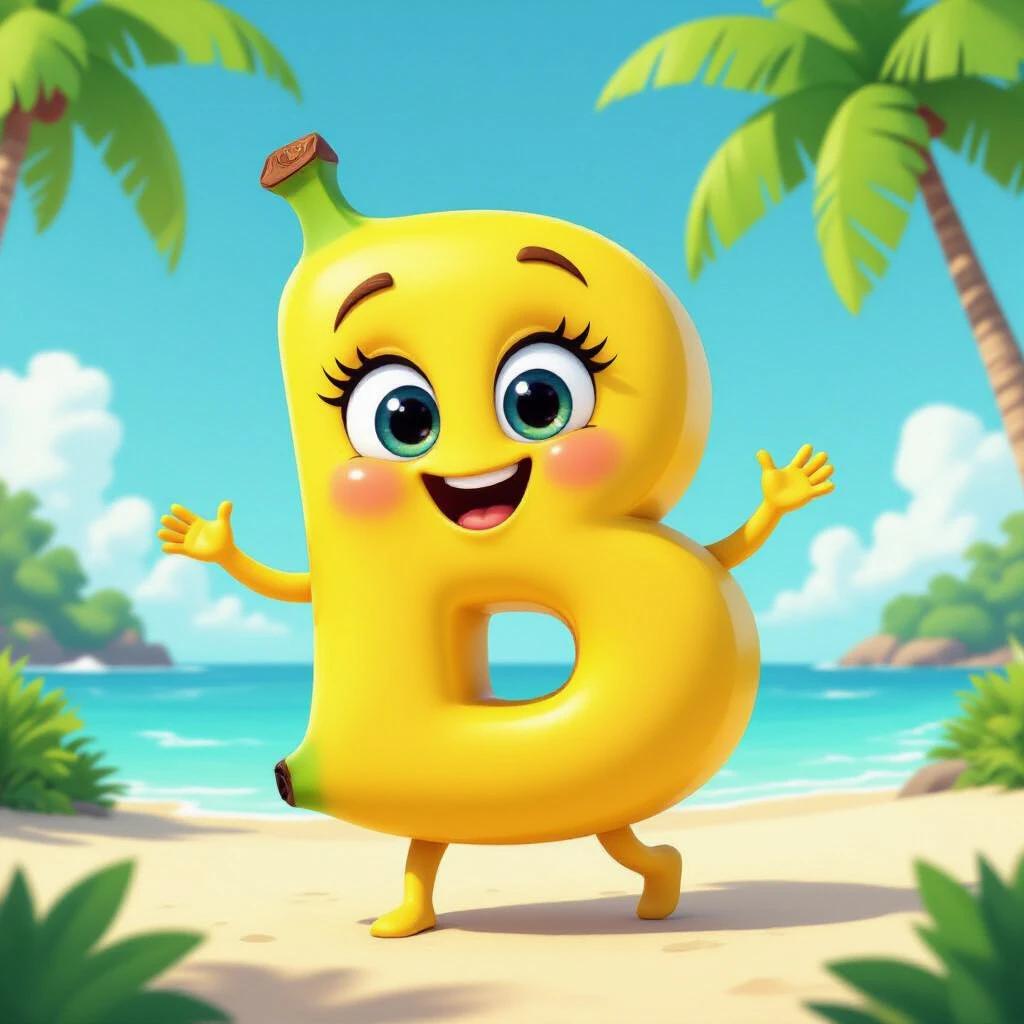 A cheerful anthropomorphic letter B. The letter is shaped like a bright yellow banana. The character has a smiling face and big expressive eyes. It dances on a colorful tropical beach surrounded by palm trees. The design features soft shading and a bouncy appearance. The image is in a 9:16 aspect ratio.