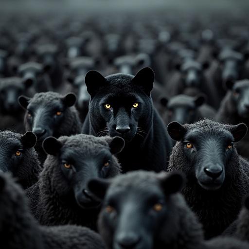 A black panther blends into a crowd of black sheep. The crowd appears dark and dense. Panther features bright yellow eyes. Scene captures an eerie and mysterious atmosphere. High angle perspective. Perfect camouflage creates a striking contrast.