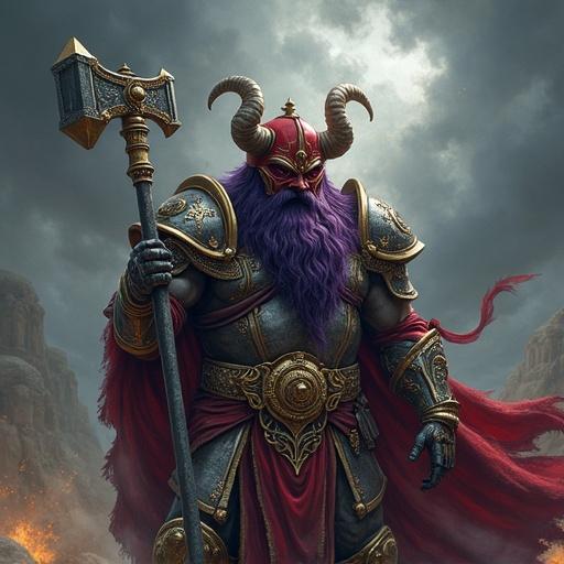 Stout stocky dwarf with a long dark-purple beard and an ornate red helmet with horns. Wearing detailed evil armor in silver, gray, gold with red accents. Holds a large warhammer. Dark stormy sky in the background. Hyper-detailed fantasy artwork with epic and grimdark elements.