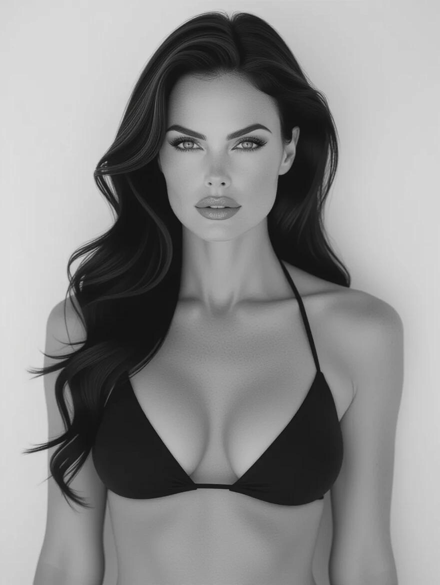Full body frontal 3d model inspired by Charlize Theron from 1997. A black and white image with a model featuring long brunette hair and wearing a form-fitting black bikini. The makeup includes perfect arched eyebrows and matched lipstick. Image inspired by an old photograph.