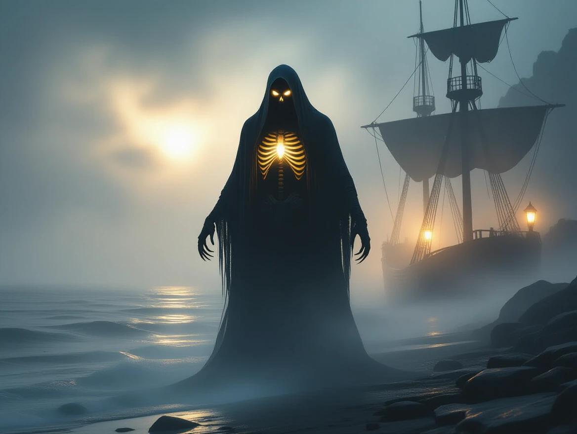 Ghostly skeletal figure cloaked in fog. Glowing ribs and hollow eyes. Long claws. Standing at foggy coastline. Ship masts behind. Glowing lantern light in chest. Dramatic backlight. Silhouette in mist. Eerie yet peaceful atmosphere. Fantasy wraith design. 8k, ultra-detailed, mood art.