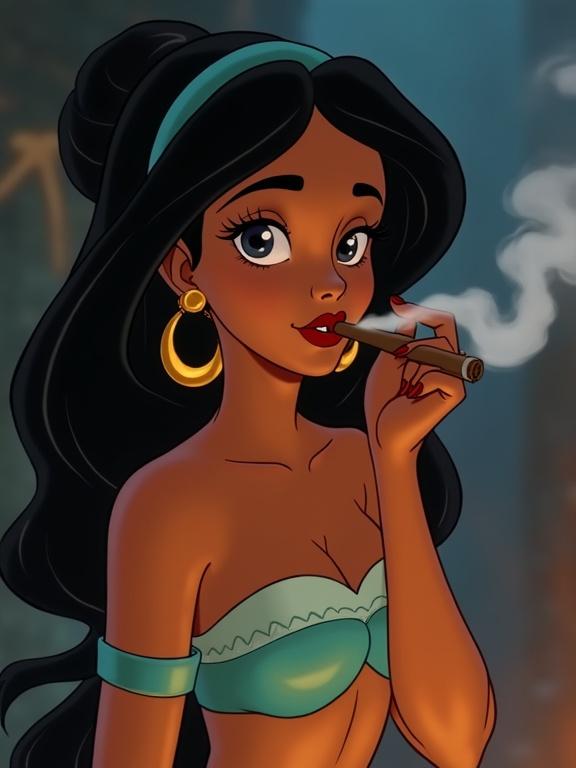 Princess Jasmine shown in a sultry pose. She is holding a Cuban cigar. Smoke gently wafting from her lips. Long black hair styled in a ponytail. The image captures her looking directly at the viewer.