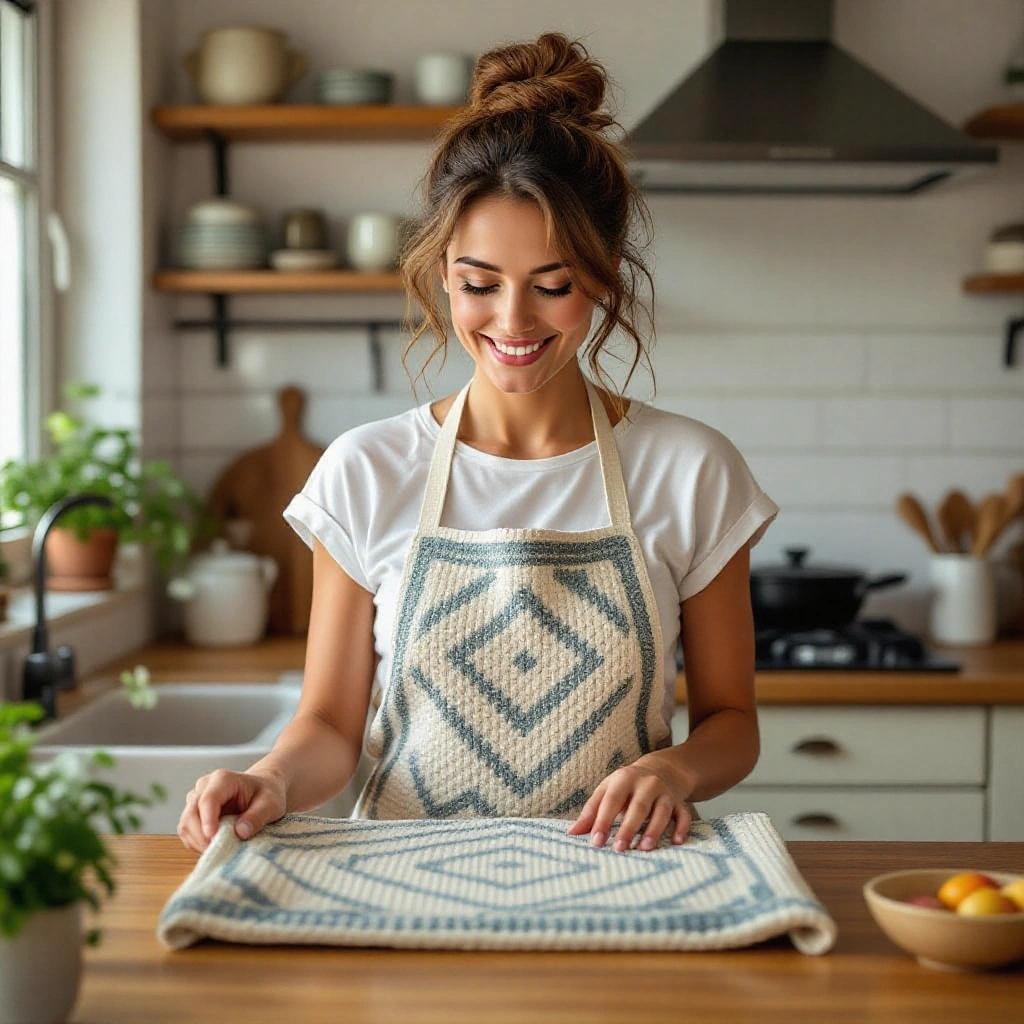Image showing a woman in a crochet style apron preparing in a light kitchen. She is focused on a patterned table cloth on wooden surfaces with greenery in the background.