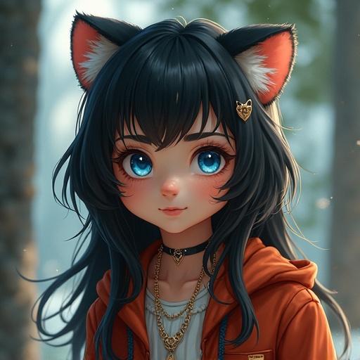 A girl embodies tiger traits with black hair and blue eyes. The character appears in a mystical setting. She wears an orange hoodie and has furry features on her arms and legs. The background hints at a fantasy environment.