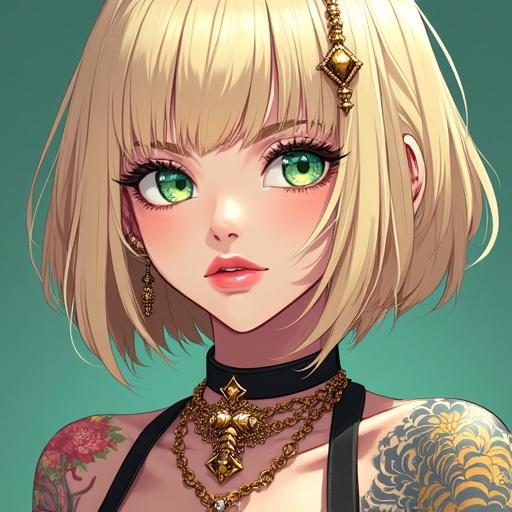 Anime character; futuristic woman with green eyes; blonde bob hairstyle; wearing edgy streetwear with Japanese tattoos; appearing on music magazine cover; cybernetic leg; vibrant colors and elegant style.