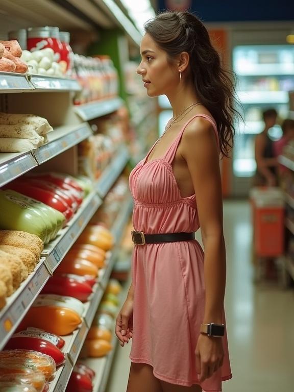 Candid photo of a woman shopping for groceries in a store. She walks down an aisle, looking at the shelf. The woman has a very large bust and is wearing a sundress. The image has low resolution and is somewhat pixelated.