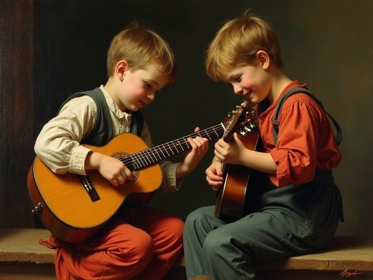 Two boys engaging in a musical performance. They play guitars joyfully. The style resembles a renaissance oil painting. Their expressions and postures convey concentration and companionship.