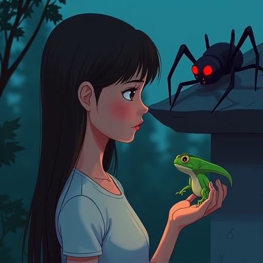 Scene captures Kim lost in thought while holding a green gecko. A thought bubble hints at a fairy tale. A spider watches with red glowing eyes. A blush appears on Kim's cheeks as she leans toward the gecko.