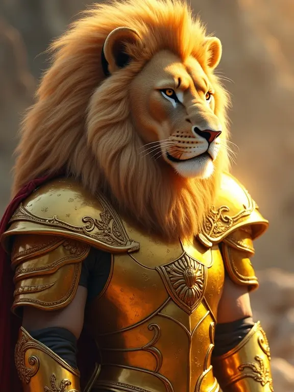 A majestic golden lion character wearing ornate gold armor with a lion head. The character has a powerful presence and a regal posture.