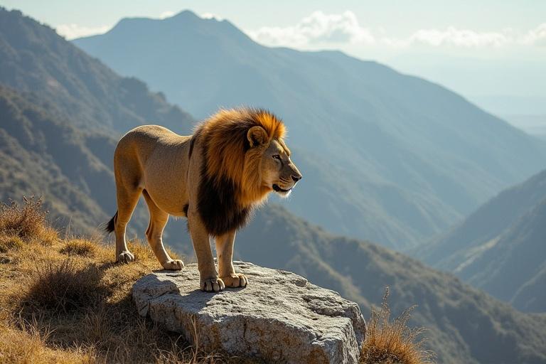 A lion on a mountain in India under sunny skies with a sign that says viva mari.
