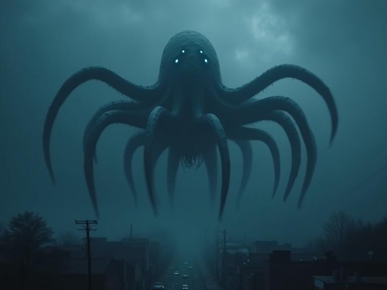 Cinematic view of a large tentacle behemoth in a dark atmospheric sky. The creature has a smooth body and long tentacles disappearing into fog. It has twelve blue glowing eyes and is positioned high in the sky. Below, a town is barely visible through thick fog.