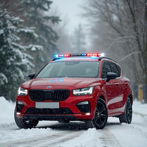 Car with flashing lights in snowy landscape. Bright red color highlights vehicle. Emergency vehicle features. Snow covers the road. Winter holiday atmosphere.