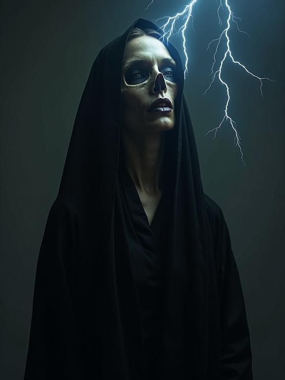 Beautiful woman in long black robes with a skull face illuminated by lightning. Dark fantasy, cinematic lighting, hyperrealistic. Portrait features deep shadows and eerie atmosphere.