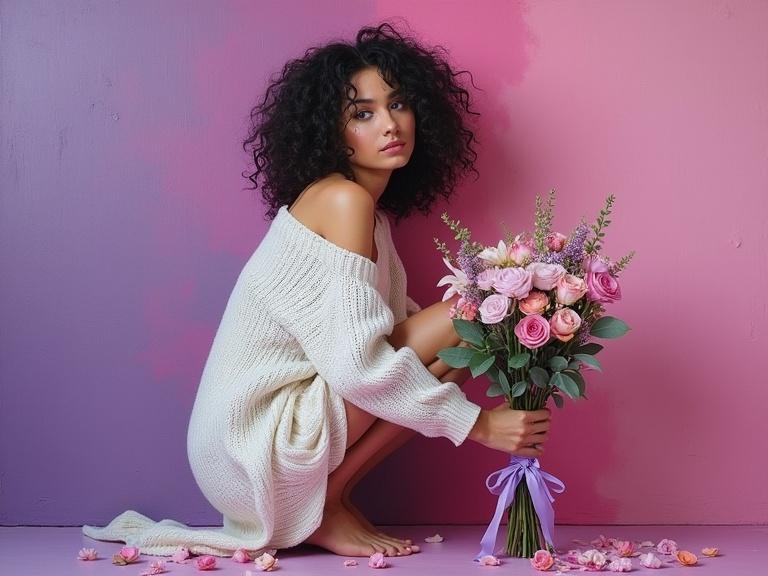 A woman with curly dark hair crouches against a gradient background. She wears an off-shoulder white knit sweater and holds a pastel-colored flower bouquet. Flower petals are scattered around. She gazes away with an introspective expression. Brushwork creates an impasto effect. High-detail textures are visible.