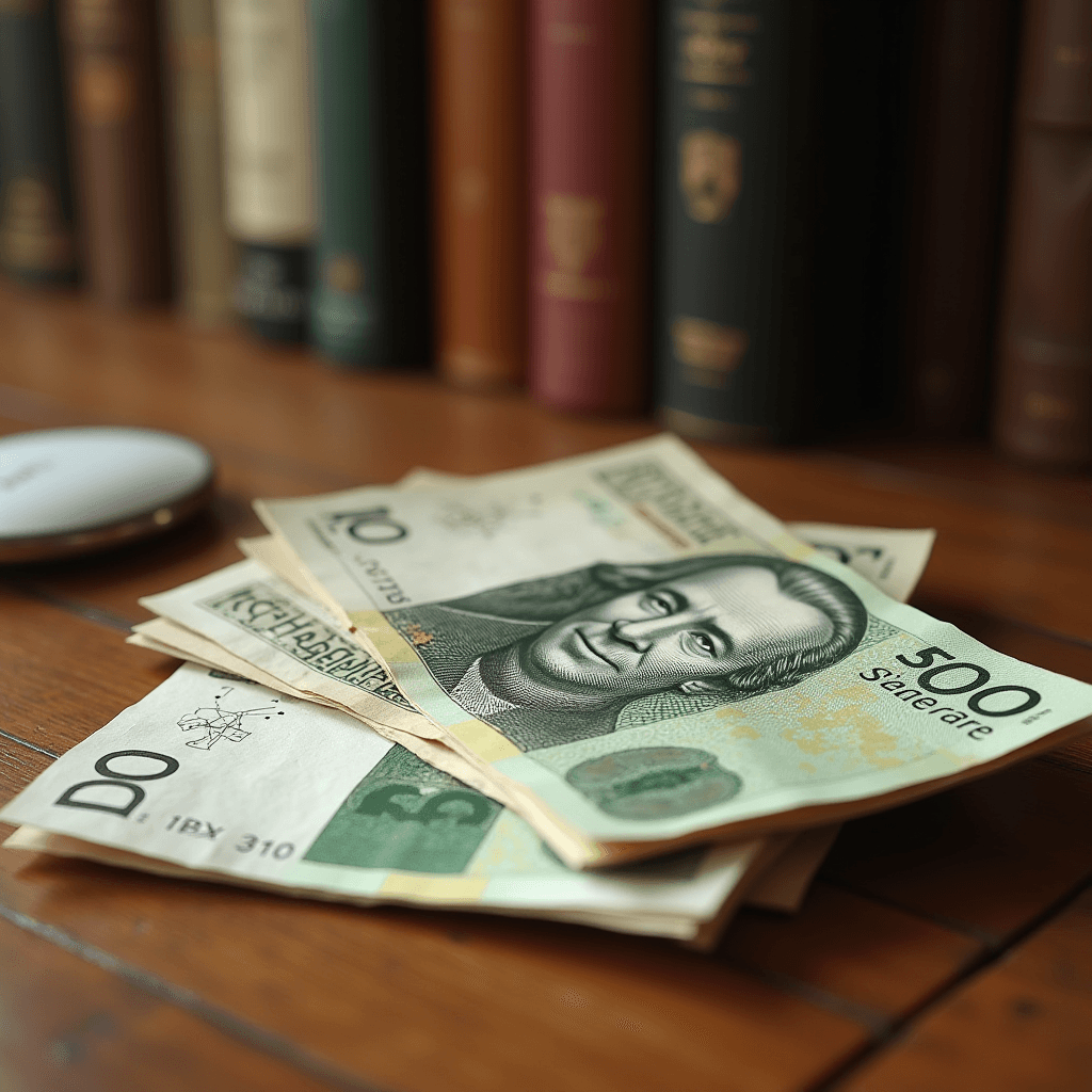 The image features a stack of paper currency laid out on a wooden surface. The bills include denominations such as 500 and 10, with intricate designs and a portrait of a historical figure printed on the larger bill. In the background, a bookshelf is visible, populated with various books that contribute to an ambiance of intellect and history. The focus is on the currency, reflecting a theme of wealth and knowledge intersecting. The lighting is soft, emphasizing the textures of both the currency and the wood.